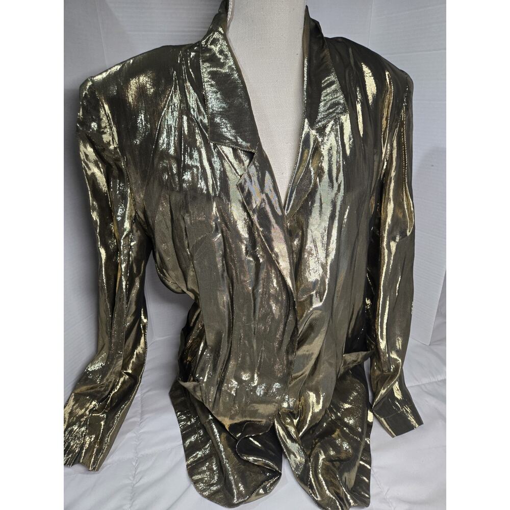 Vtg 80's Year Of Sz L Rayon Metallic Gold Lame Cardigan Pockets Burleska Retro